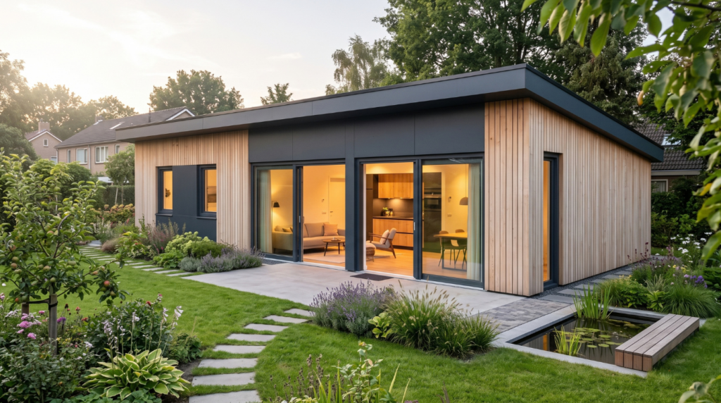 Prefab bungalow bouwen in de tuin met schuin dak