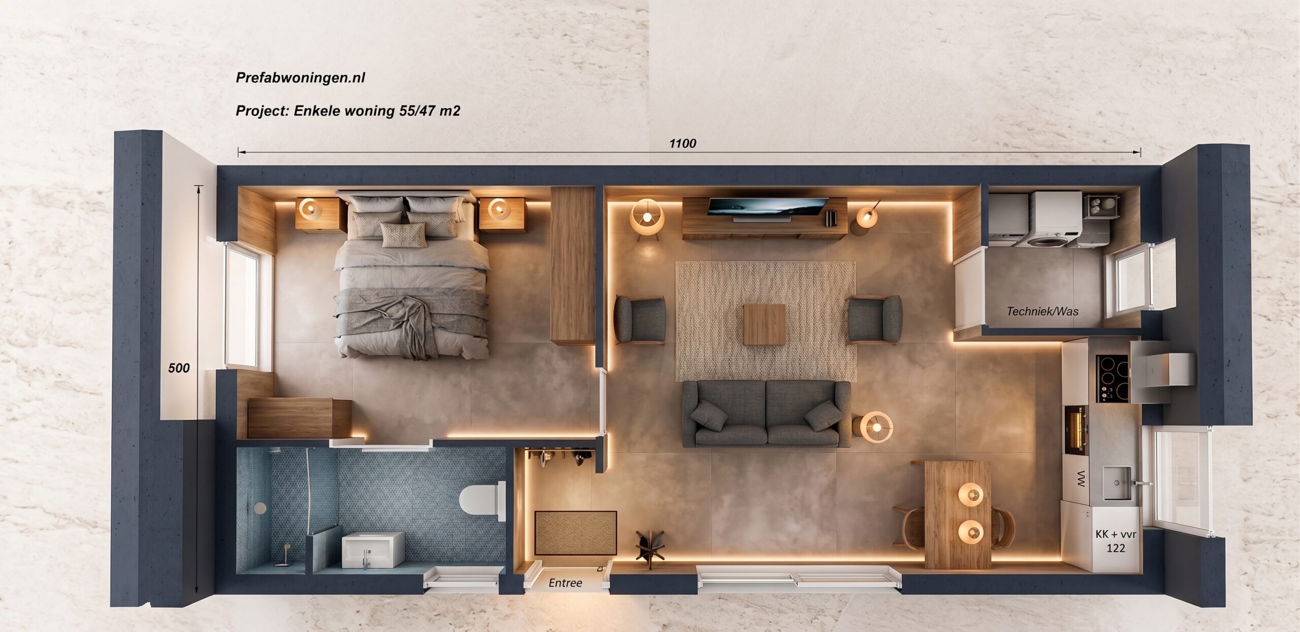 plattegrond familiewoning appartement 48m2