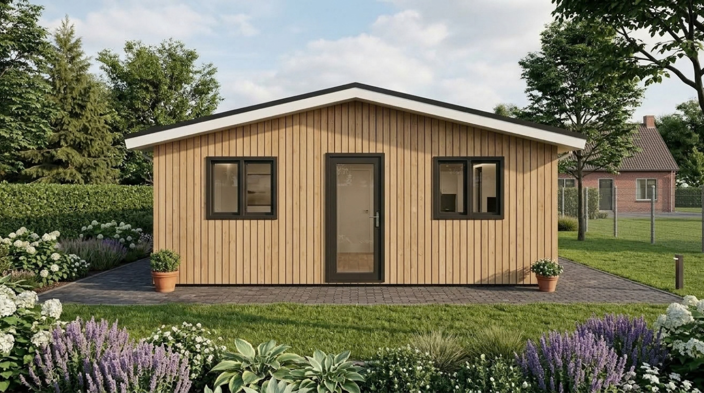 Achterzijde prefab bungalow in de tuin